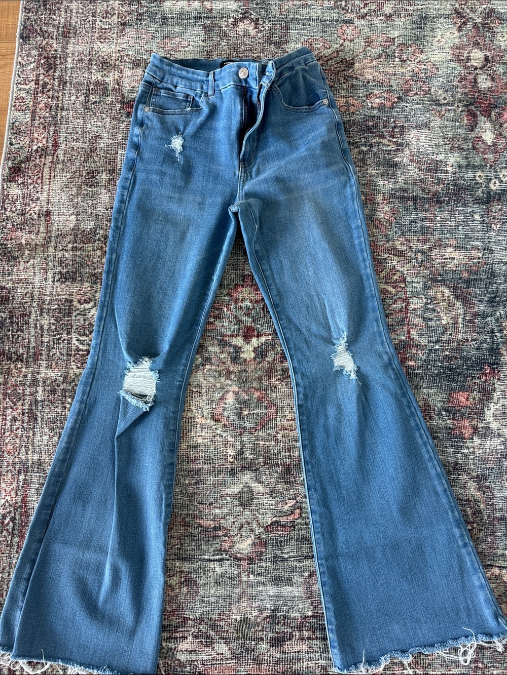 Express Medium Blue Distressed Flare Jeans